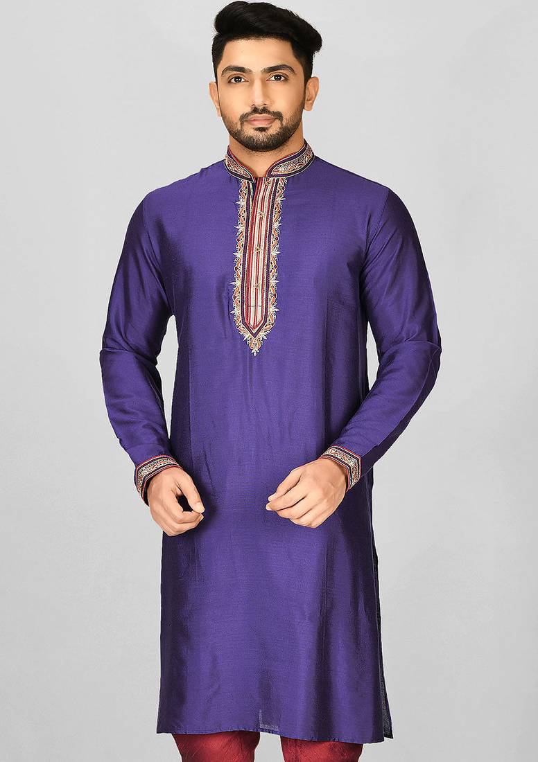 purple cotton silk  kurta with hand work on collor button neck and mohri