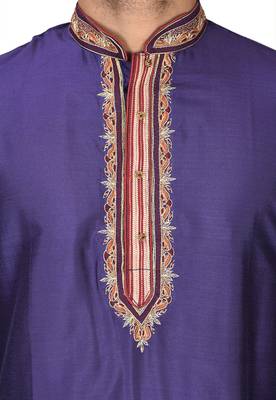 purple cotton silk  kurta with hand work on collor button neck and mohri 2