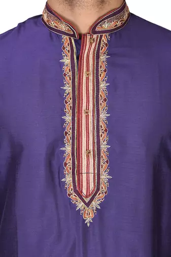 purple cotton silk  kurta with hand work on collor button neck and mohri