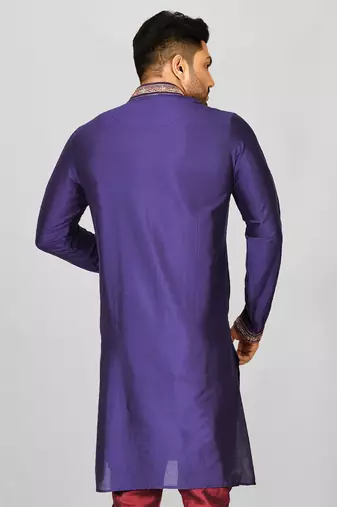 purple cotton silk  kurta with hand work on collor button neck and mohri