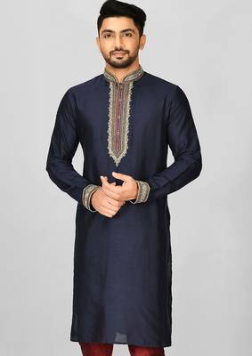 navy blue cotton silk   kurta with  hand work on collor button neck and mohri 1