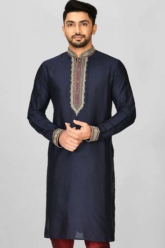 navy blue cotton silk   kurta with  hand work on collor button neck and mohri