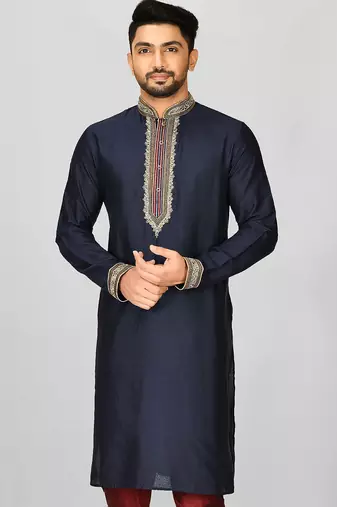 navy blue cotton silk   kurta with  hand work on collor button neck and mohri