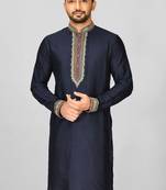 navy blue cotton silk   kurta with  hand work on collor button neck and mohri