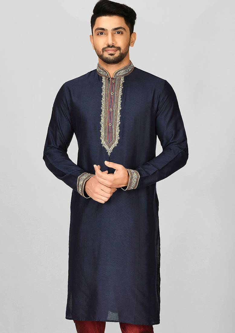 navy blue cotton silk   kurta with  hand work on collor button neck and mohri