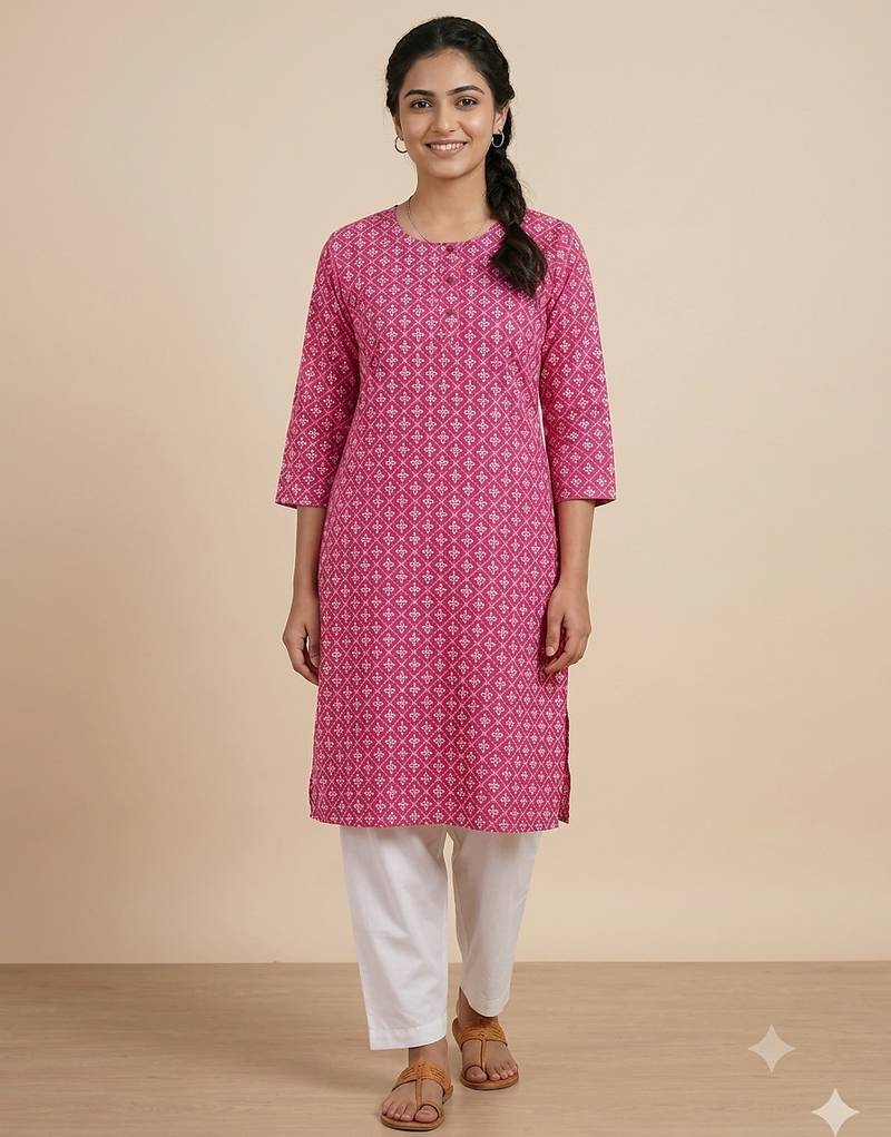 Pink printed cotton kurti