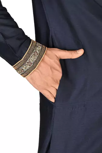 navy blue cotton silk   kurta with  hand work on collor button neck and mohri