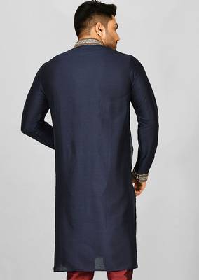 navy blue cotton silk   kurta with  hand work on collor button neck and mohri 4