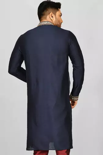 navy blue cotton silk   kurta with  hand work on collor button neck and mohri