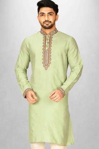 chatni green cotton silk   kurta with  hand work on collor button neck and mohri