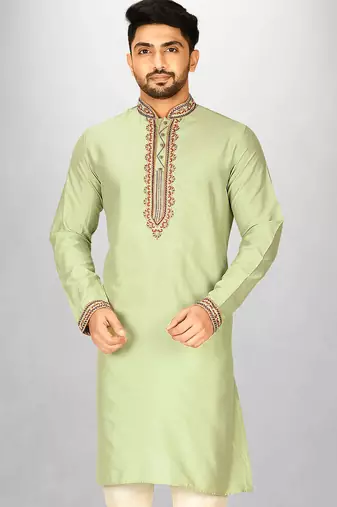 chatni green cotton silk   kurta with  hand work on collor button neck and mohri
