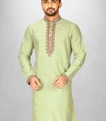 chatni green cotton silk   kurta with  hand work on collor button neck and mohri