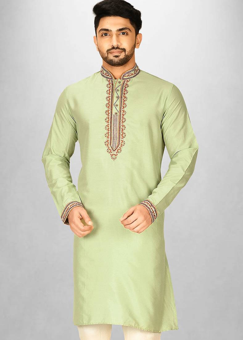 chatni green cotton silk   kurta with  hand work on collor button neck and mohri