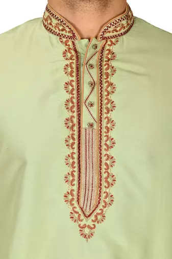 chatni green cotton silk   kurta with  hand work on collor button neck and mohri