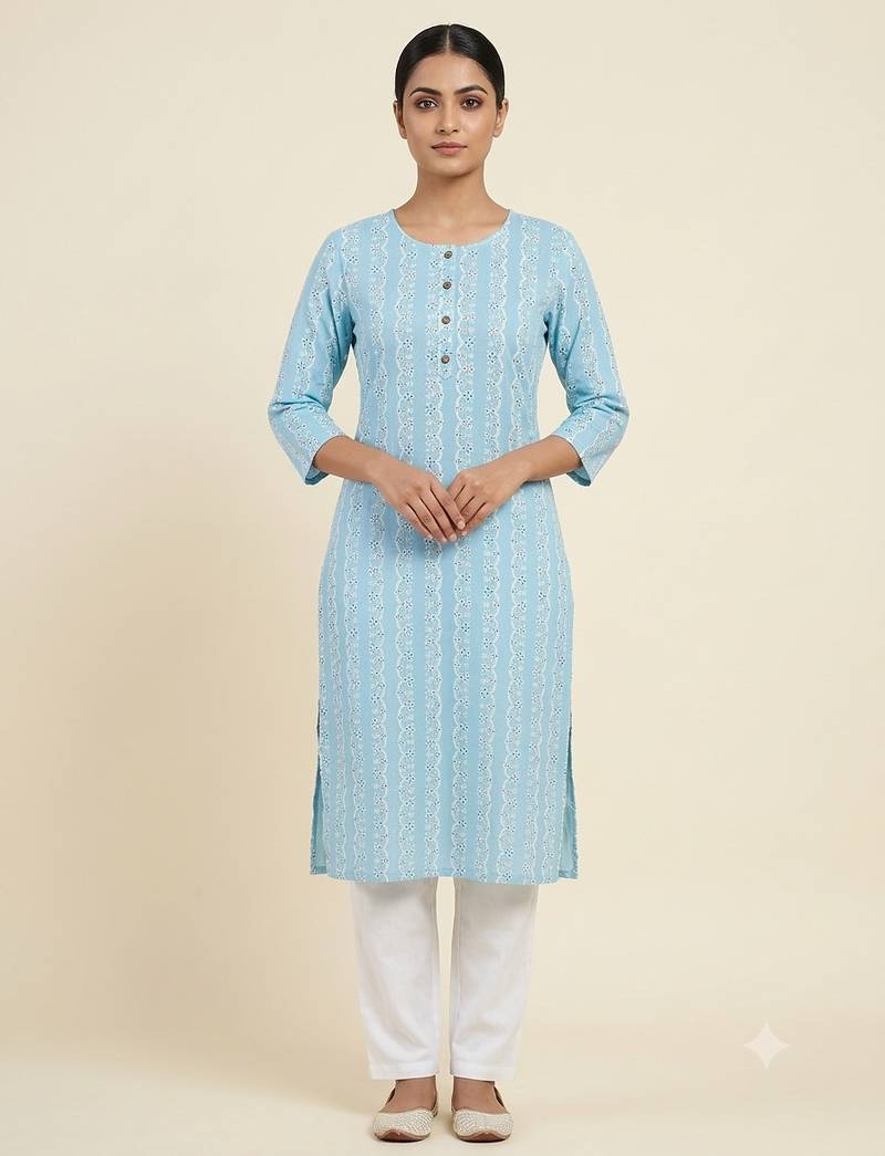Light blue printed cotton kurti