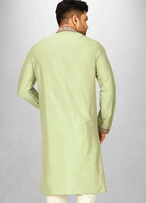 chatni green cotton silk   kurta with  hand work on collor button neck and mohri 4