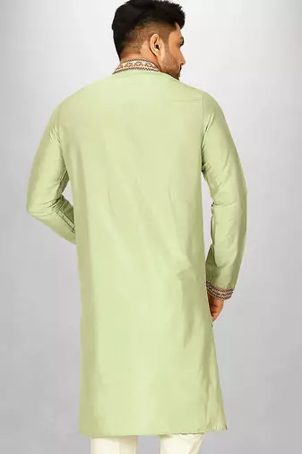 chatni green cotton silk   kurta with  hand work on collor button neck and mohri