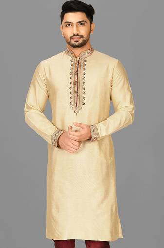fawn cotton silk   kurta with  hand work on collor button neck and mohri