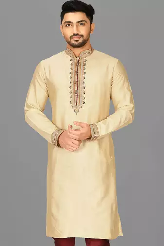 fawn cotton silk   kurta with  hand work on collor button neck and mohri