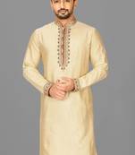 fawn cotton silk   kurta with  hand work on collor button neck and mohri