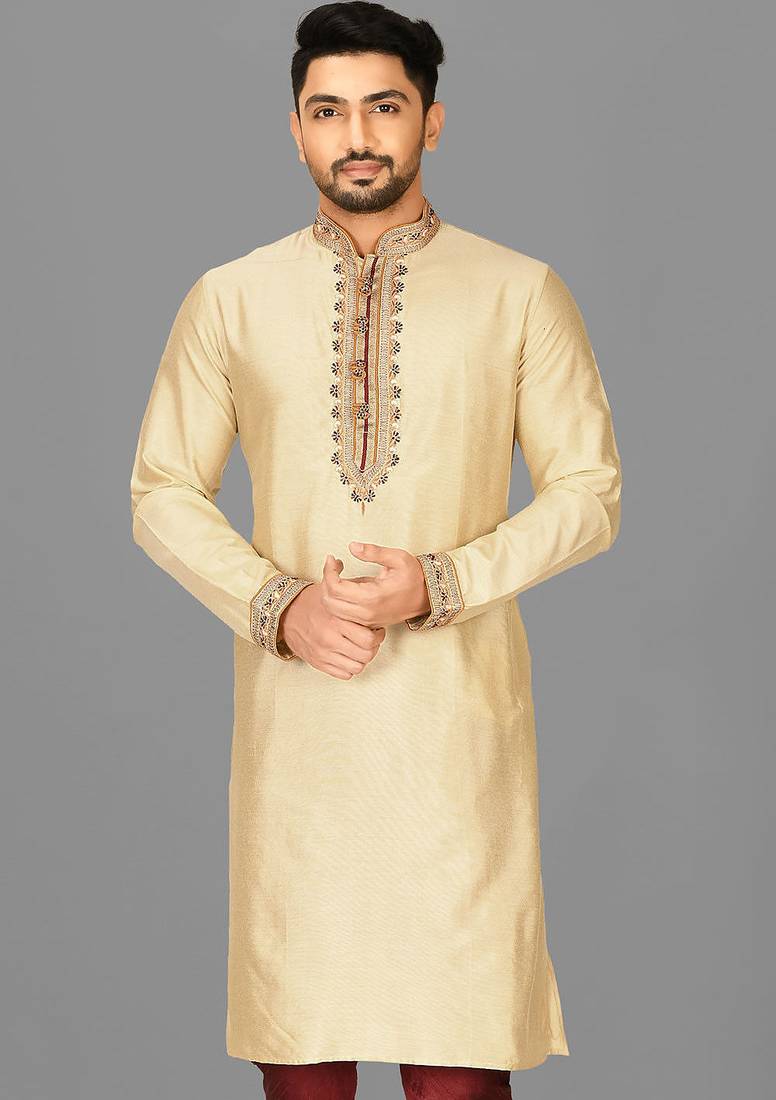 fawn cotton silk   kurta with  hand work on collor button neck and mohri