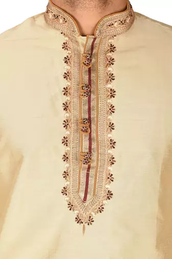 fawn cotton silk   kurta with  hand work on collor button neck and mohri
