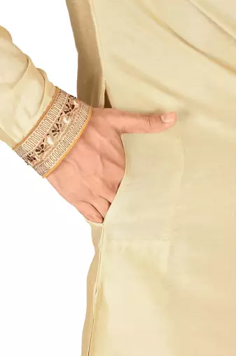 fawn cotton silk   kurta with  hand work on collor button neck and mohri