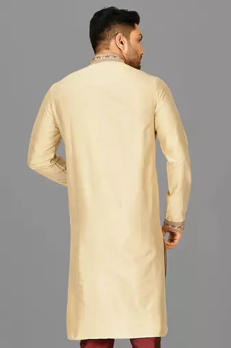 fawn cotton silk   kurta with  hand work on collor button neck and mohri