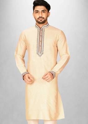 fawn cotton silk   kurta with hand work on collor button neck and mohri 1