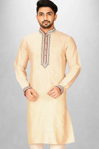 fawn cotton silk   kurta with hand work on collor button neck and mohri