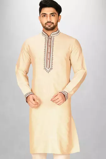 fawn cotton silk   kurta with hand work on collor button neck and mohri