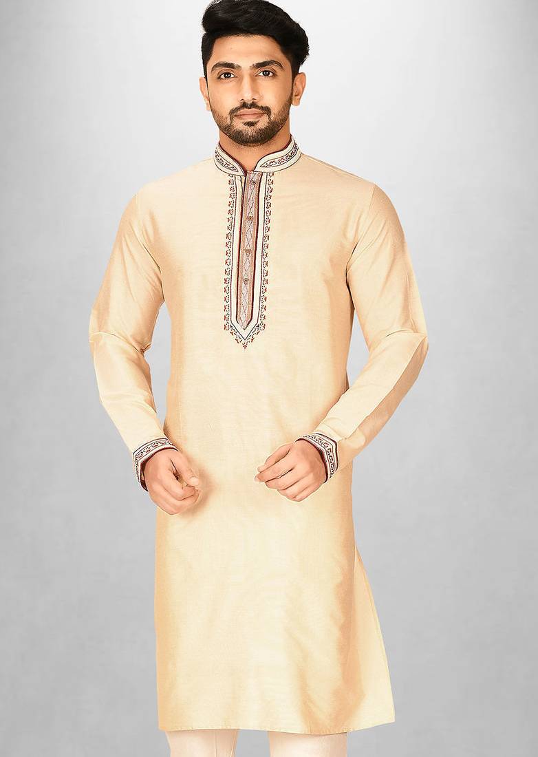 fawn cotton silk   kurta with hand work on collor button neck and mohri