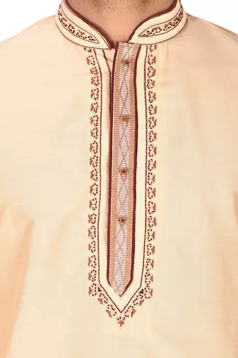 fawn cotton silk   kurta with hand work on collor button neck and mohri