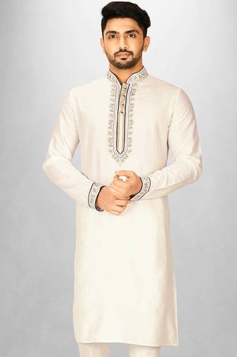 cream cotton silk   kurta with  hand work on collor button neck and mohri