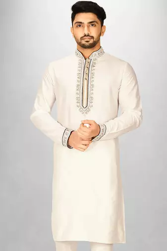 cream cotton silk   kurta with  hand work on collor button neck and mohri