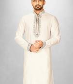 cream cotton silk   kurta with  hand work on collor button neck and mohri