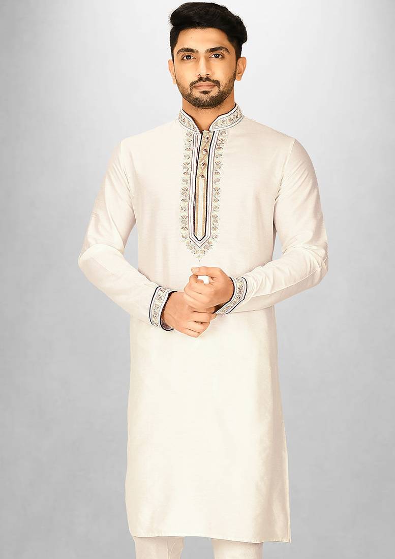 cream cotton silk   kurta with  hand work on collor button neck and mohri