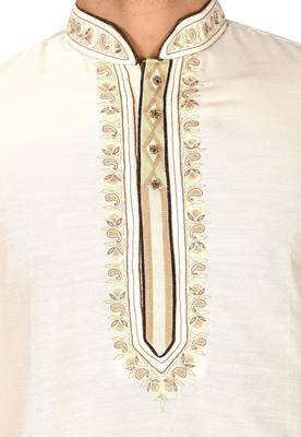 cream cotton silk   kurta with  hand work on collor button neck and mohri 2