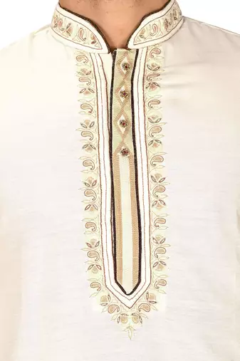 cream cotton silk   kurta with  hand work on collor button neck and mohri