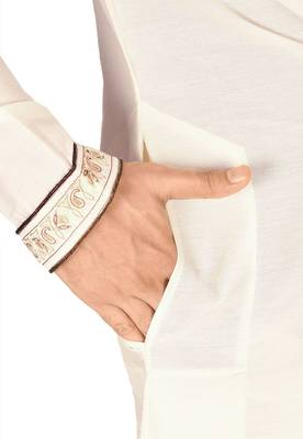 cream cotton silk   kurta with  hand work on collor button neck and mohri 3
