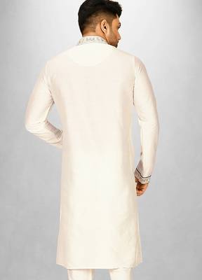cream cotton silk   kurta with  hand work on collor button neck and mohri 4