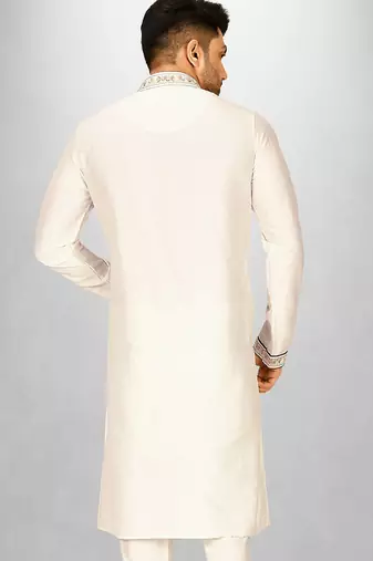 cream cotton silk   kurta with  hand work on collor button neck and mohri