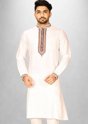 white cotton silk  kurta with  hand work on collor button neck and mohri 1