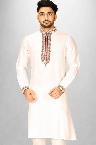 white cotton silk  kurta with  hand work on collor button neck and mohri