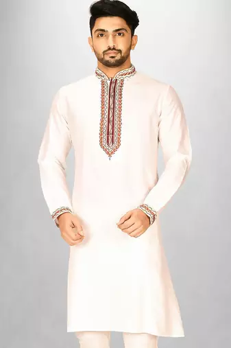 white cotton silk  kurta with  hand work on collor button neck and mohri