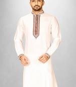 white cotton silk  kurta with  hand work on collor button neck and mohri