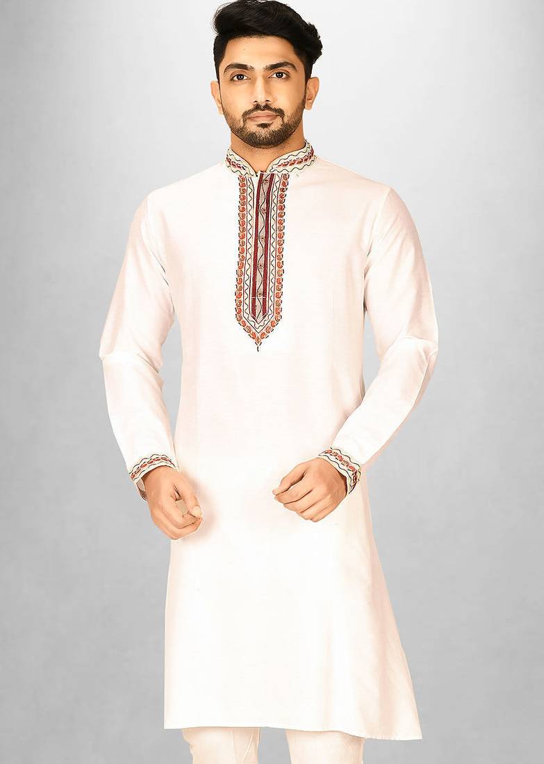 white cotton silk  kurta with  hand work on collor button neck and mohri