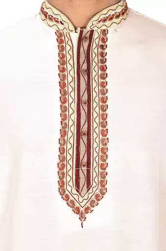 white cotton silk  kurta with  hand work on collor button neck and mohri