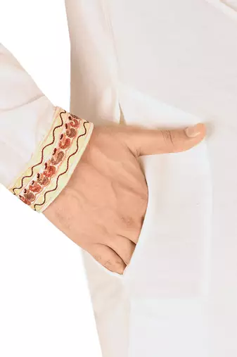 white cotton silk  kurta with  hand work on collor button neck and mohri