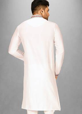 white cotton silk  kurta with  hand work on collor button neck and mohri 4
